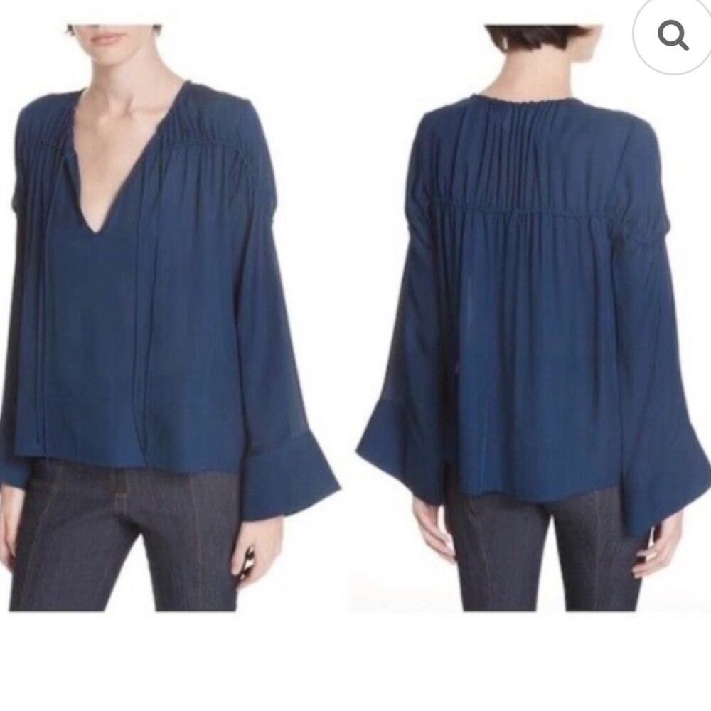 Cinq a Sept Anatolia Ruched Silk Blouse Blue Medium